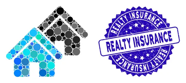 Ikona nieruchomości kolażowej ze znaczkiem ubezpieczeniowym Grunge Realty Insurance — Wektor stockowy