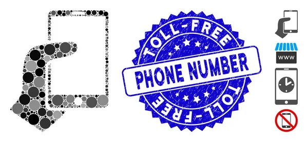Collage Hand halten Smartphone-Symbol mit strukturierten gebührenfreien Telefonnummern Siegel — Stockvektor