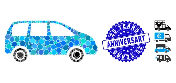 Mosaico Minivan icono con angustia 25 Años Sello Aniversario — Vector de stock