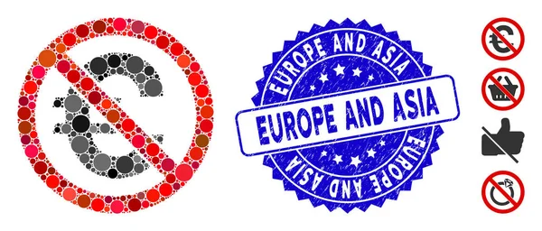 Collage No Euro Icône avec Timbre Texturé Europe et Asie — Image vectorielle