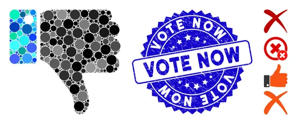 Mosaic Thumb Down Icon with Textured Vote Now Seal — 图库矢量图片