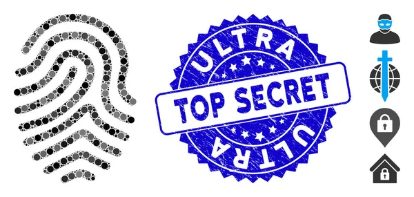 Icona di impronte digitali collage con francobollo Ultra Top Secret di sofferenza — Vettoriale Stock