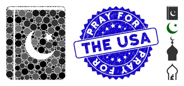 Collage Icono del Libro del Corán con Sello de Oración Texturizada por los EE.UU. — Vector de stock