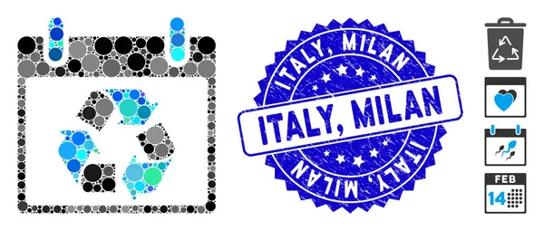 Collage Recycle Kalendarz Ikona dzień z Scratched Włochy, Milan Seal — Wektor stockowy