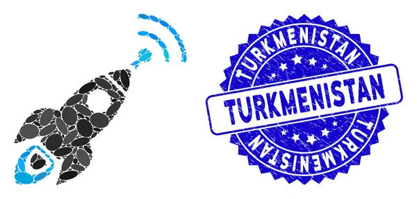 Mosaic Space Rocket Radio Traduction icône avec Grunge Turkménistan Seal — Image vectorielle