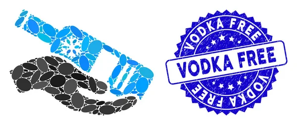 Collage Gratis Vodka Bottle Icon met Krabben Vodka Gratis Stempel — Stockvector