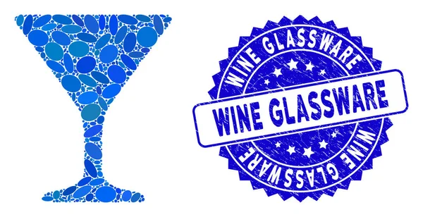 Icono de vidrio de vino de mosaico con sello de cristalería de vino rayado — Vector de stock