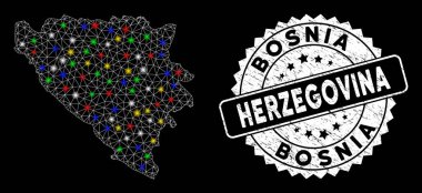 Parlak Ağlı Bosna-Hersek Haritası Flaş Noktaları ve Lastik Damgalı