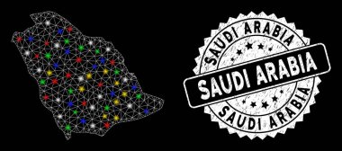 Işık Noktaları ve Çizilmiş Filigranlı Parlak Ağ Suudi Arabistan Haritası