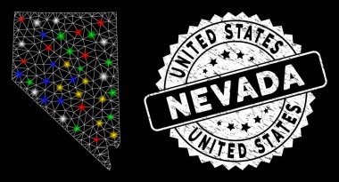 Parlak Ağ Nevada Eyalet Haritası Flash Spotlar ve Çizik Damgalı