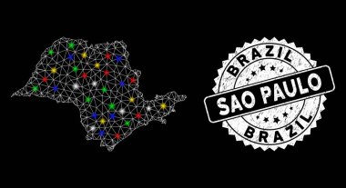 Flaş Spotlar ve Grunge Filigran ile Parlak Kablo Çerçevesi Sao Paulo Eyalet Haritası