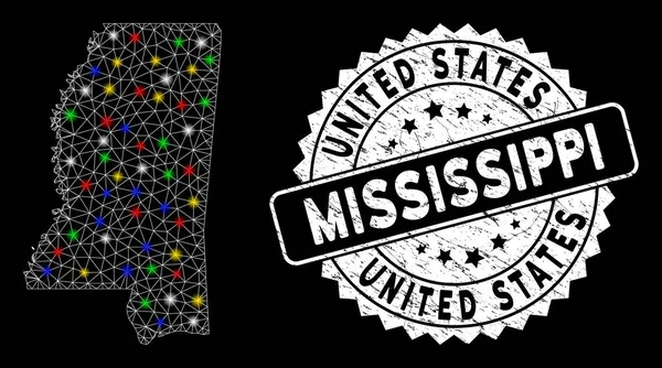 Parlak Ağ Mississippi Eyalet Haritası Flash Spots ve Grungy Seal — Stok Vektör