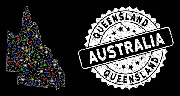 Red de malla brillante Mapa de Queensland australiano con manchas de luz y sello Grunge — Vector de stock
