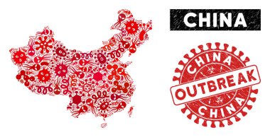 Salgın Kolajı Çin Haritası Çizilmiş Salgın Mührü