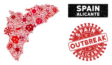 Salgın Kolajı Alicante İlçe Haritası Grunge Salgın Mührü