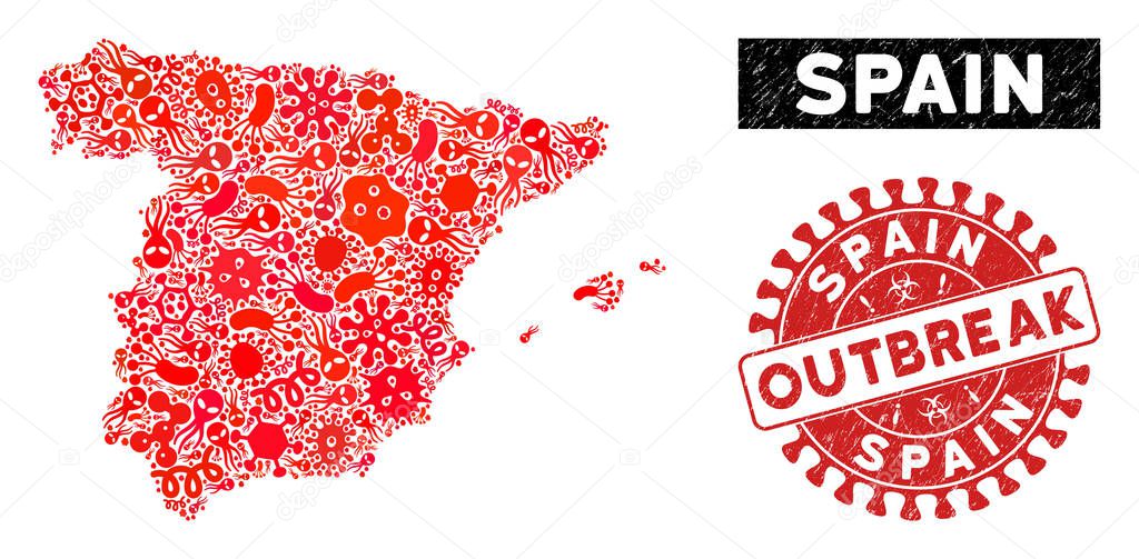 Virus Mosaic Spain Map with Grunge OUTBREAK Seal