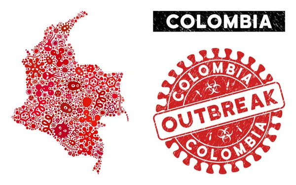 Colagem de Surtos Mapa da Colômbia com Carimbo OUTBREAK de Dificuldade —  Vetores de Stock