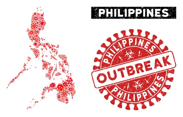 Microbe Collage Philippines Map with Scratched OUTBREAK Stamp Seal — 스톡 벡터