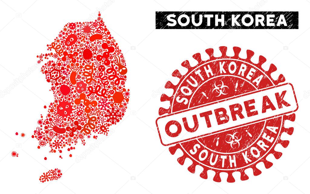 Contagious Mosaic South Korea Map with Distress OUTBREAK Stamp