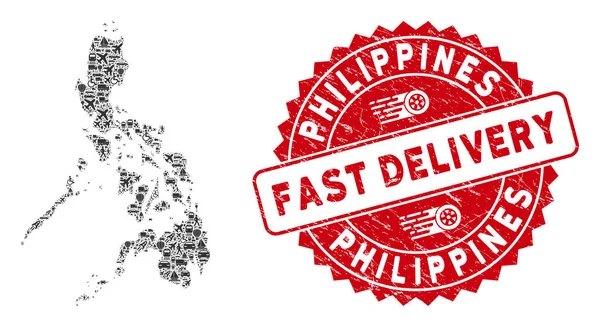 Logistics Collage Philippines Map with Distress Fast Delivery Watermark — 스톡 벡터