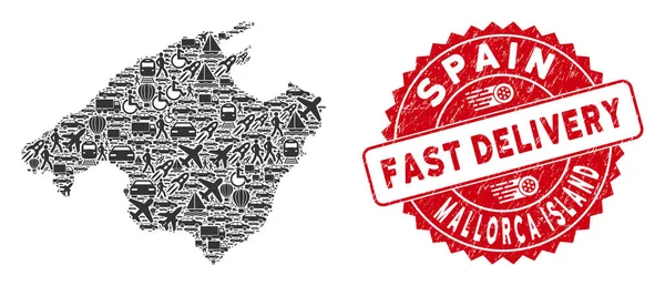 Collage de livraison Espagne Mallorca Island Carte avec joint de livraison rapide texturé — Image vectorielle