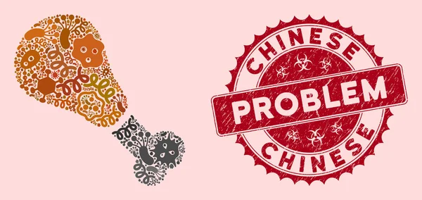 Icono de pierna de pollo frito mosaico infeccioso con sello de problema chino de angustia — Vector de stock