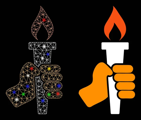 Ateş Meşalesi Simgesi ve Alev Lekeli Ağ Çerçeveli El