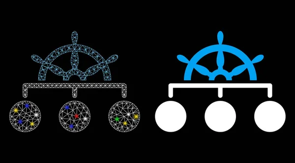 Icono de jerarquía de rueda de barco de marco de alambre de malla de llamarada con puntos de llamarada — Vector de stock
