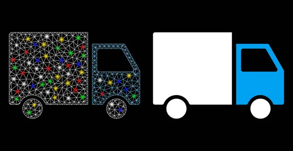 Glowing Mesh Carcass Shipment Van Icon with Flare Spots — Stock Vector