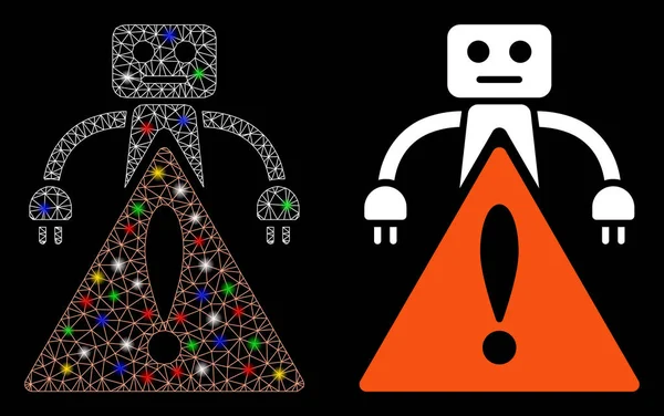 Icône d'avertissement de robot de carcasse de maille brillante avec des taches de lumière — Image vectorielle