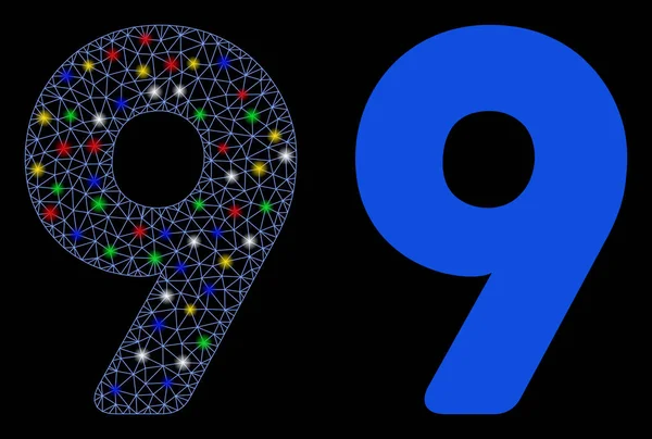Marco de alambre de malla de llamarada Icono de 9 dígitos con puntos de llamarada — Archivo Imágenes Vectoriales