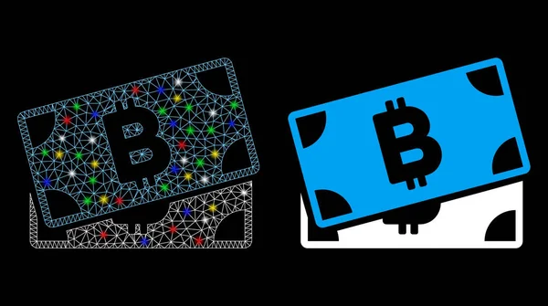 带有光斑的明亮网状金属丝框Bitcoin Banknotes图标 — 图库矢量图片