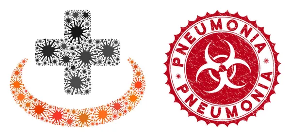 Icono de la comunidad médica de Coronavirus Collage con sello de neumonía grunge — Vector de stock