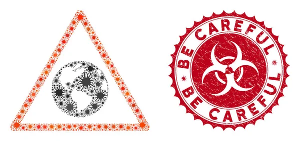 Icono de advertencia de tierra de collage de coronavirus con textura Tenga cuidado sello — Vector de stock