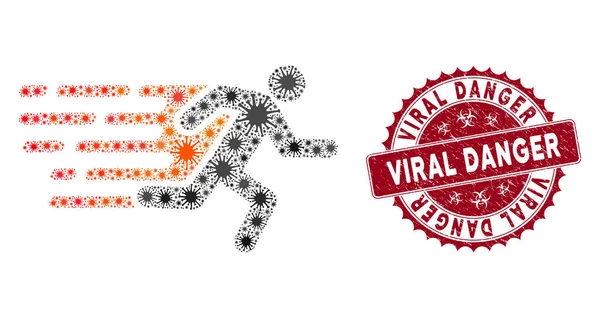 Coronavirus Collage Rush Hombre corriendo icono con sello de peligro viral rayado — Vector de stock