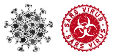 Coronavirus Mozaik Sars Virüs Simgesi ve Grunge Sars Virüsü Damgası