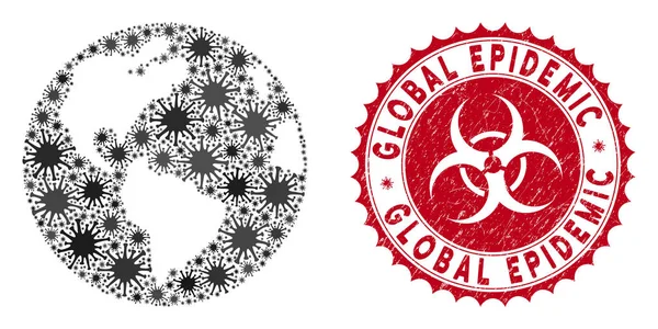 Coronavirus Mosaic Earth Icon with Grunge Global Epidemic Stamp — Stock Vector