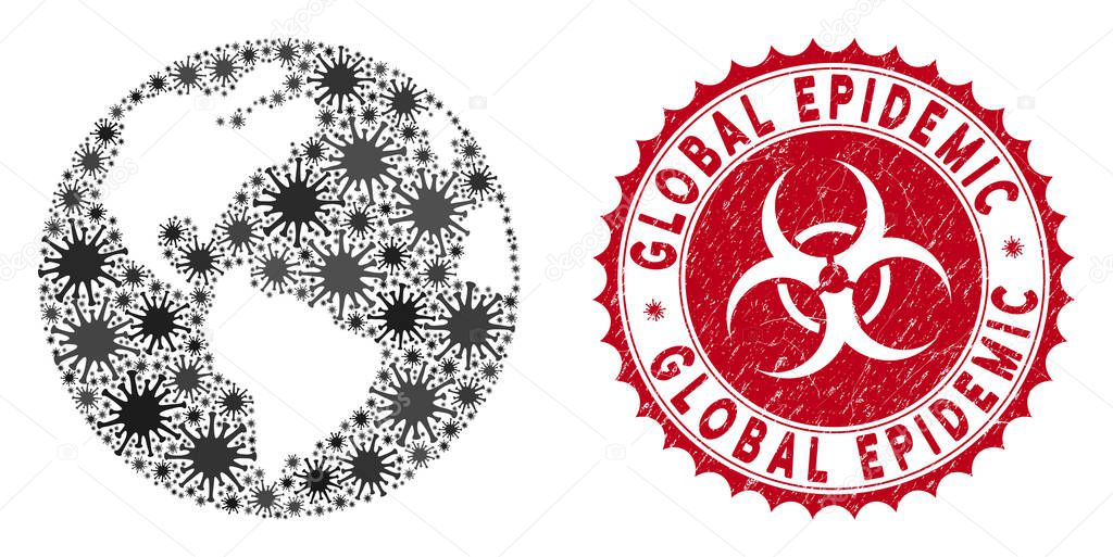 Coronavirus Mosaic Earth Icon with Grunge Global Epidemic Stamp