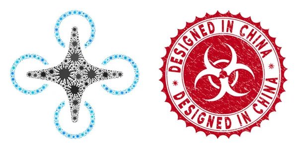 Icono del dron de aire del collage del coronavirus con la angustia diseñada en el sello de China — Vector de stock