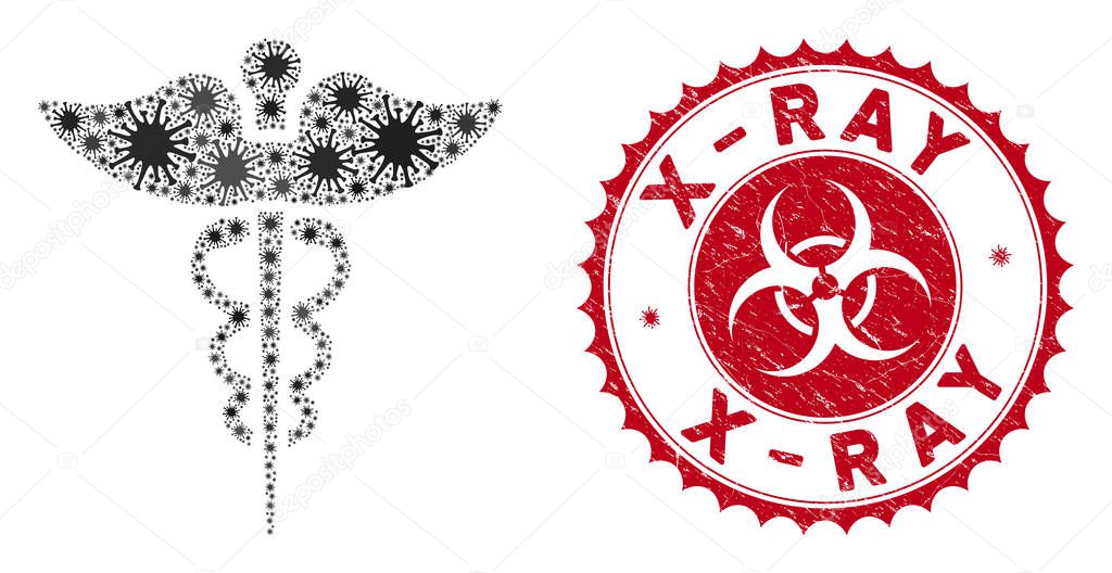 Coronavirus Collage Medicine Caduceus Symbol Icon with Textured X-Ray Stamp