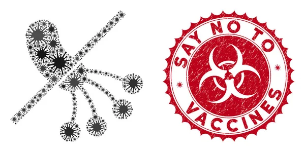 Ιός του Coronavirus Mosaic No Bacteria Icon with Distress Say No to Vaccines Stamp — Διανυσματικό Αρχείο