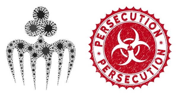 Ícone de Monstro de Espectro de Jogo de Colagem de Coronavírus com Selo de Perseguição Grunge —  Vetores de Stock