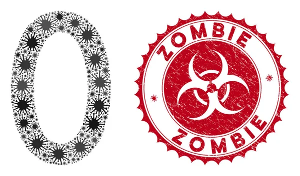 Icono de cero dígitos de mosaico de Coronavirus con sello de zombi rayado — Vector de stock