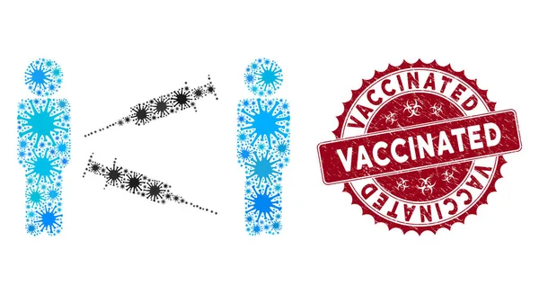 Coronavirus Mosaic Men Ícone de troca de seringas com selo vacinado Grunge — Vetor de Stock