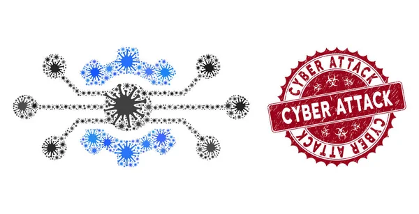 Coronavirus Collage Electronic Cog Εικονίδιο με scratched Cyber Attack Seal — Διανυσματικό Αρχείο