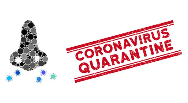 Collage Nose Flu Sikness Icon with Textured Coronavirus Quarantine Line Stamp — Stock Vector