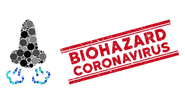 Mosaic Nose Breath Icon with Grunge Biohazard Coronavirus Line Seal — 스톡 벡터