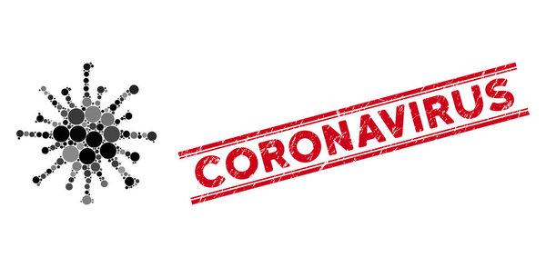 Mosaic Coronavirus Icon with Grunge Coronavirus Line Seal