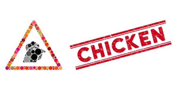 Ícone de aviso de frango do mosaico com selo de linha de frango riscado —  Vetores de Stock