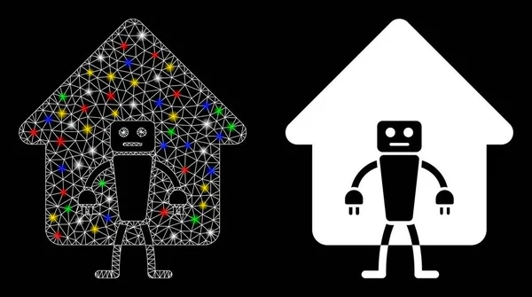 Carcaça de malha brilhante Ícone de robô doméstico com pontos de luz —  Vetores de Stock